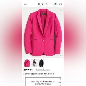 NWT J. Crew Parke Blazer in Italian Stretch Wool, Bright Berry Pink - Size 00